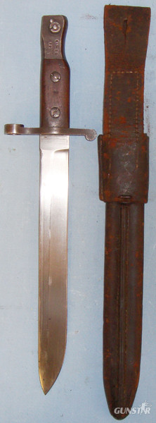  Scarce* Canadian Ross Mk I Bayonet by Maker \"Ross Rifle Co Quebec Patent 1907\". With Leather Scabbard & Frog. 12914. Bayonet