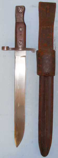  Scarce* Canadian Ross Mk I Bayonet by Maker \"Ross Rifle Co Quebec Patent 1907\". With Leather Scabbard & Frog. 12914. Bayonet
