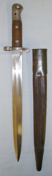  British Wilkinson London 1903 Pattern Sword Bayonet With Indian Script Marks & Brown Leather Scabbard. Bayonet