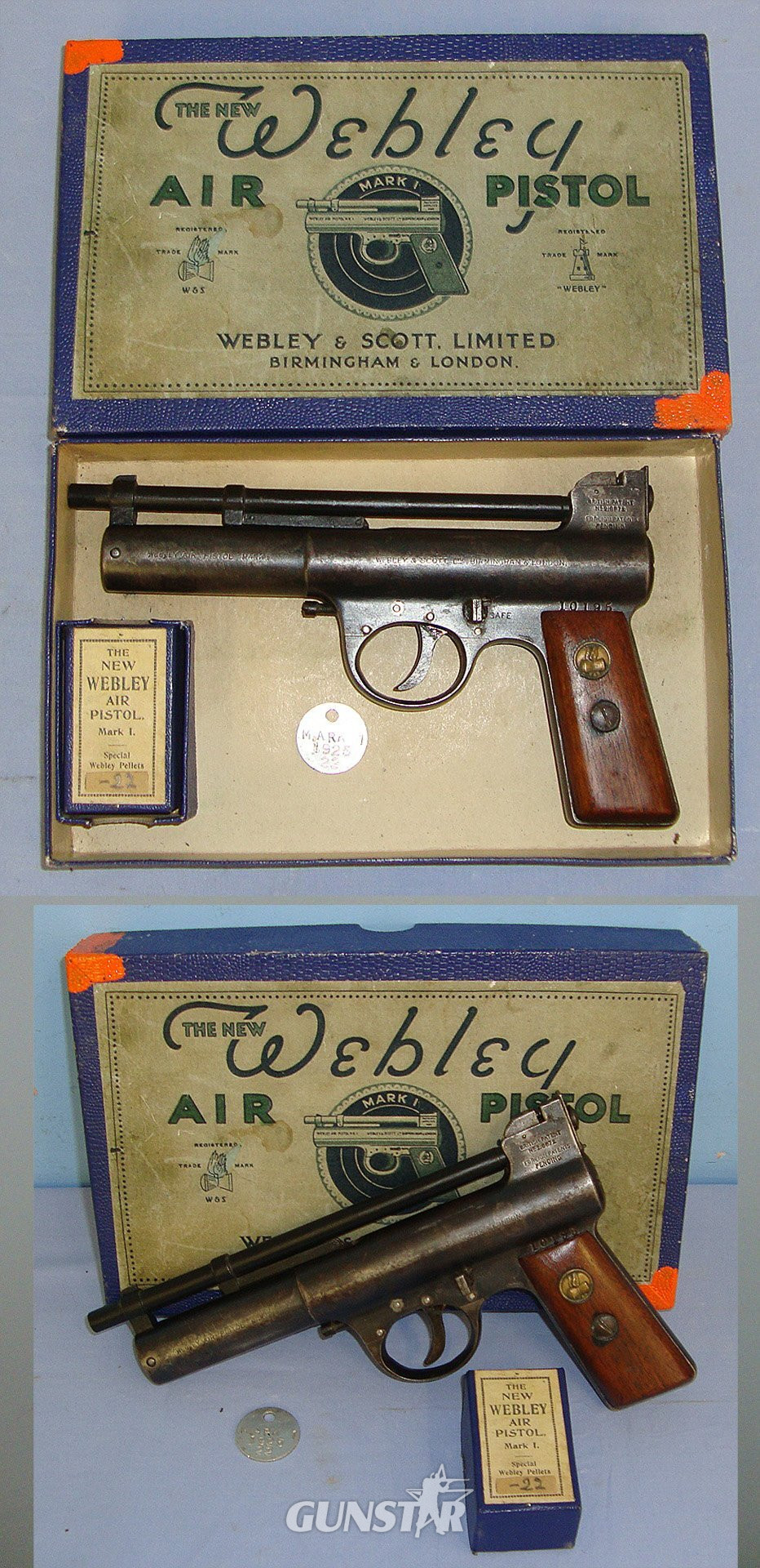 Boxed 1920’s The Webley Mark 1 .22 Calibre Air Pistol With Original Period Webley Special Pellets Box With Quantity Of Lead Pellets. Sn 23484:63 air pistol .22