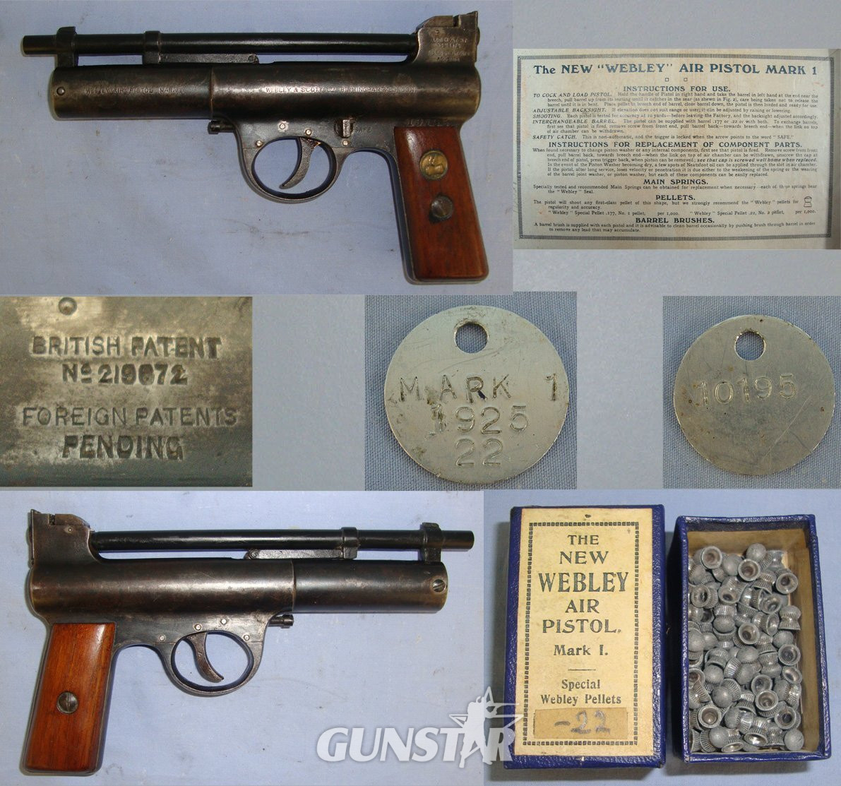  Boxed 1920’s The Webley Mark 1 .22 Calibre Air Pistol With Original Period Webley Special Pellets Box With Quantity Of Lead Pellets. Sn 23484:63 air pistol .22