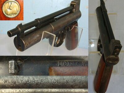 Boxed 1920’s The Webley Mark 1 .22 Calibre Air Pistol With Original Period Webley Special Pellets Box With Quantity Of Lead Pellets. Sn 23484:63 air pistol .22