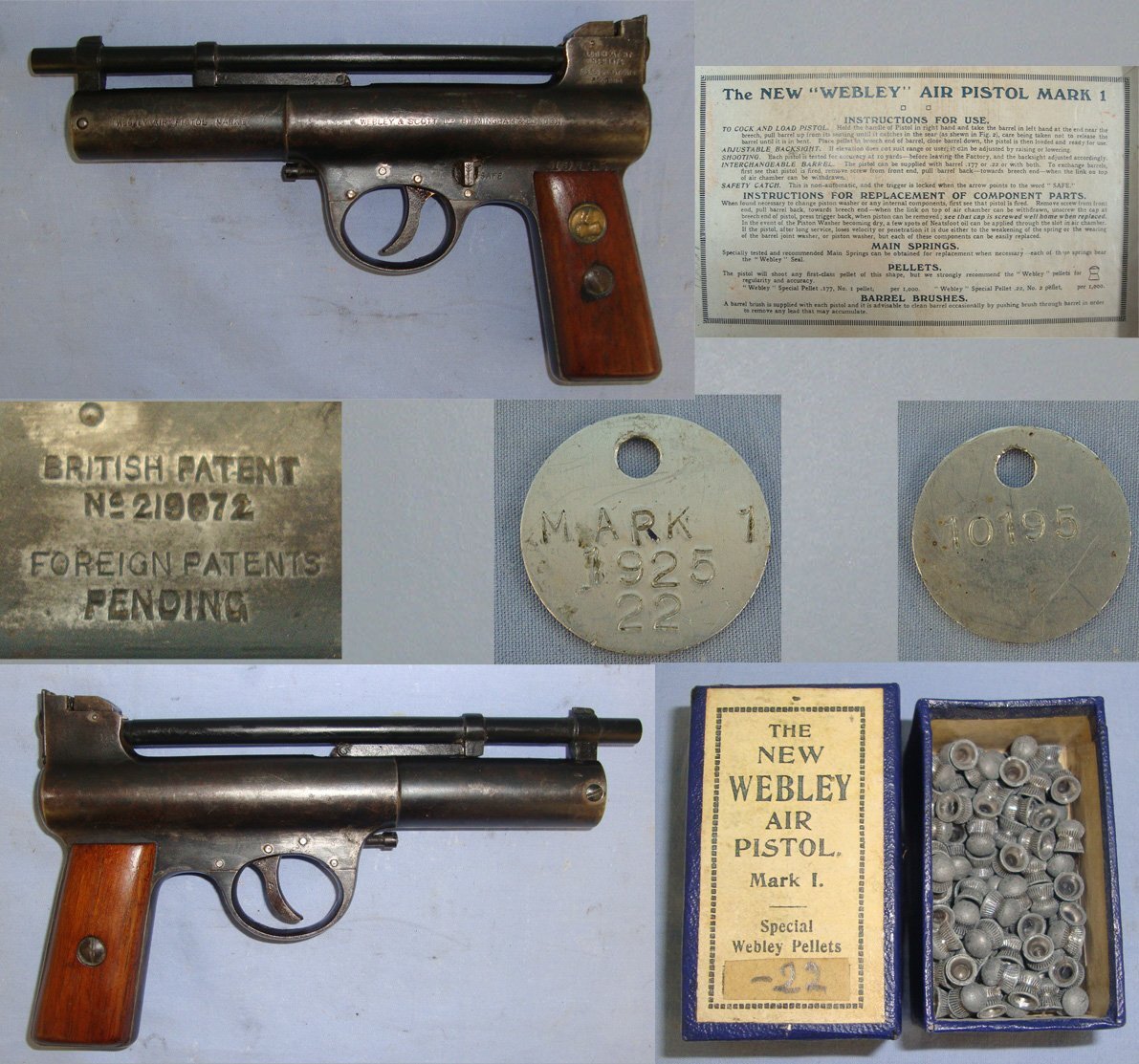  Boxed 1920’s The Webley Mark 1 .22 Calibre Air Pistol With Original Period Webley Special Pellets Box With Quantity Of Lead Pellets. Sn 23484:63 air pistol .22