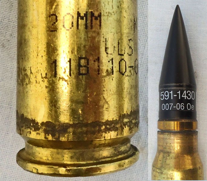  Vulcan Air Défense System (Vulcan) M103 Gun, 20mm (20x102) Armour piercing (AP) Tungsten Cored Round. Sn - 22190 Vulcan Air Défense System (Vulcan) M103 Gun, 20mm (20x102) Armour piercing (AP) Tungsten Cored Round. Sn - 22190  Other Ammunition