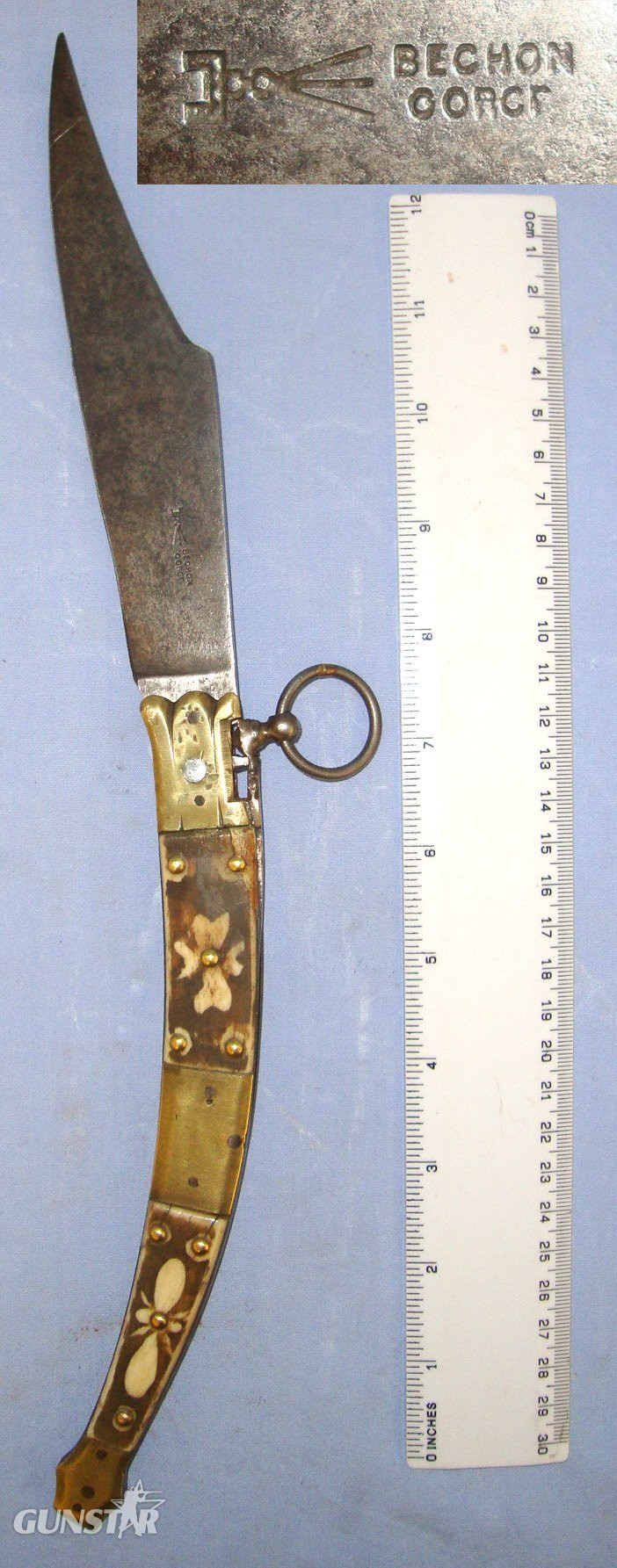 LARGE**1889 -1911 French Made Bechon-Gorce Spanish Import Navaja Folding Fighting / Utility Lock Knife With Maker Marked Sharp Scimitar Form Blade, Decorated Polished Horn & Brass Section Scales. Sn 21966:7 Knive in 
