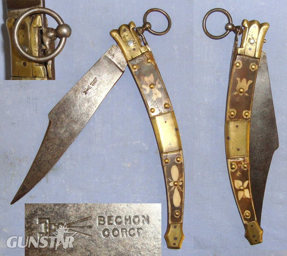 LARGE**1889 -1911 French Made Bechon-Gorce Spanish Import Navaja Folding Fighting / Utility Lock Knife With Maker Marked Sharp Scimitar Form Blade, Decorated Polished Horn & Brass Section Scales. Sn 21966:7 Knive