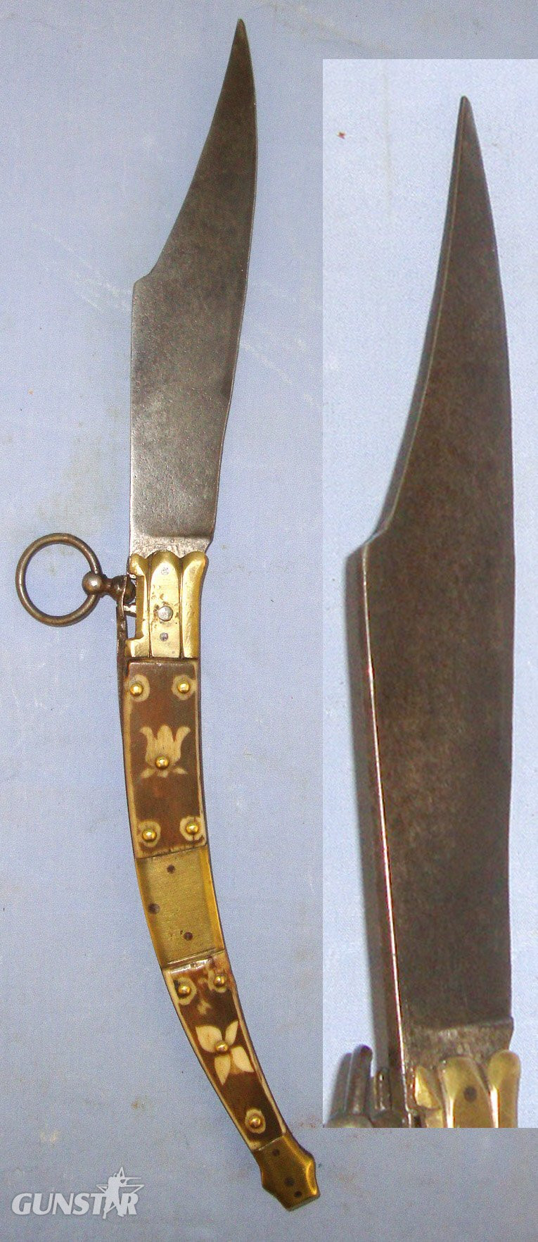  LARGE**1889 -1911 French Made Bechon-Gorce Spanish Import Navaja Folding Fighting / Utility Lock Knife With Maker Marked Sharp Scimitar Form Blade, Decorated Polished Horn & Brass Section Scales. Sn 21966:7 Knive