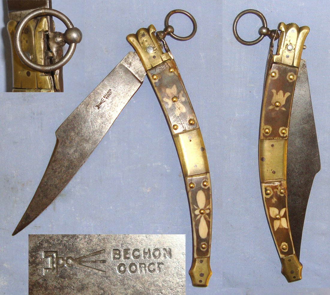 LARGE**1889 -1911 French Made Bechon-Gorce Spanish Import Navaja Folding Fighting / Utility Lock Knife With Maker Marked Sharp Scimitar Form Blade, Decorated Polished Horn & Brass Section Scales. Sn 21966:7 Knive