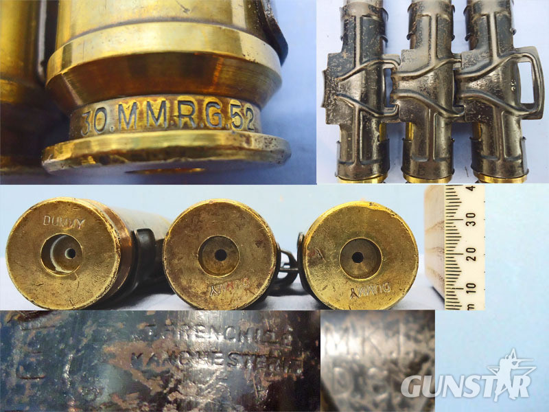 INERT DEACTIVATED. 3 Round Link, Experimental British Radway Green, 1952 Dated, DUMMY 30mm Aden (30x86B) (TP) LOW VELOCITY Rounds. Sn - 19966:4 INERT DEACTIVATED. 3 Round Link, Experimental British Radway Green, 1952 Dated, DUMMY 30mm Aden (30x86B) (TP) LOW VELOCITY Rounds. Sn - 19966:4  Other Ammunition