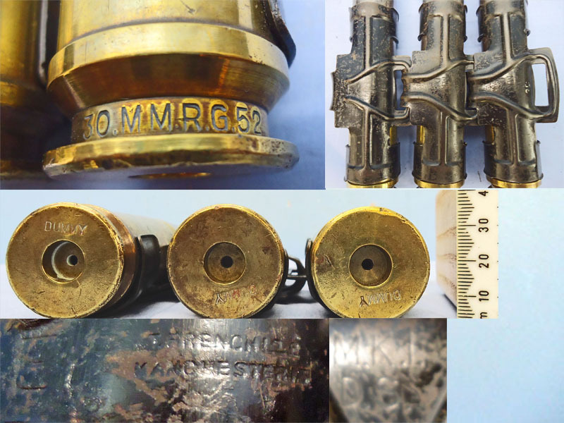 INERT DEACTIVATED. 3 Round Link, Experimental British Radway Green, 1952 Dated, DUMMY 30mm Aden (30x86B) (TP) LOW VELOCITY Rounds. Sn - 19966:4 INERT DEACTIVATED. 3 Round Link, Experimental British Radway Green, 1952 Dated, DUMMY 30mm Aden (30x86B) (TP) LOW VELOCITY Rounds. Sn - 19966:4  Other Ammunition