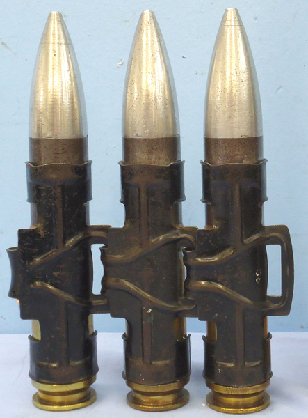  INERT DEACTIVATED. 3 Round Link, Experimental British Radway Green, 1952 Dated, DUMMY 30mm Aden (30x86B) (TP) LOW VELOCITY Rounds. Sn - 19966:4 INERT DEACTIVATED. 3 Round Link, Experimental British Radway Green, 1952 Dated, DUMMY 30mm Aden (30x86B) (TP) LOW VELOCITY Rounds. Sn - 19966:4  Other Ammunition