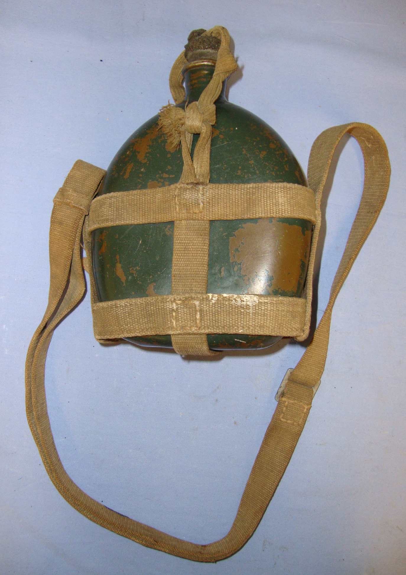  WW2 Imperial Japanese Army, Alloy Water Bottle Canteen With Stopper & Webbing Carrier With Japanese Kanji Signature (Translated In Accompanying Note As ‘Maruyama (Name) 143 Yanagibashi (Town) Tochigi (City)’. Sn 20882  Antique & Militaria