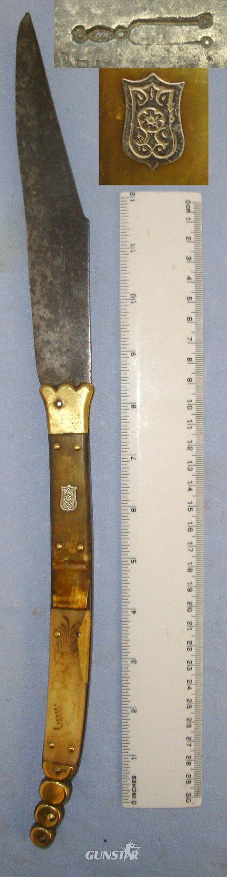 LARGE**1904-1930 French Made Beauvoir Spanish Import Navaja Folding Fighting / Utility Knife With Trade Marked Sharp Scimitar Form Blade, Decorated Polished Horn & Brass Section Scales. Sn 21966:8 Knive in 