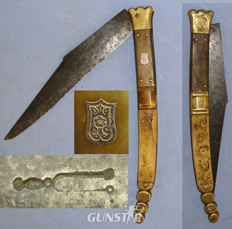 LARGE**1904-1930 French Made Beauvoir Spanish Import Navaja Folding Fighting / Utility Knife With Trade Marked Sharp Scimitar Form Blade, Decorated Polished Horn & Brass Section Scales. Sn 21966:8 Knive