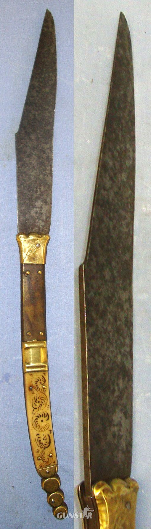  LARGE**1904-1930 French Made Beauvoir Spanish Import Navaja Folding Fighting / Utility Knife With Trade Marked Sharp Scimitar Form Blade, Decorated Polished Horn & Brass Section Scales. Sn 21966:8 Knive