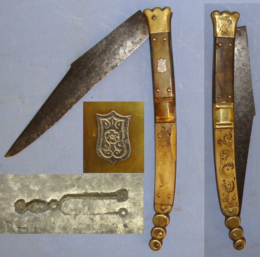 LARGE**1904-1930 French Made Beauvoir Spanish Import Navaja Folding Fighting / Utility Knife With Trade Marked Sharp Scimitar Form Blade, Decorated Polished Horn & Brass Section Scales. Sn 21966:8 Knive