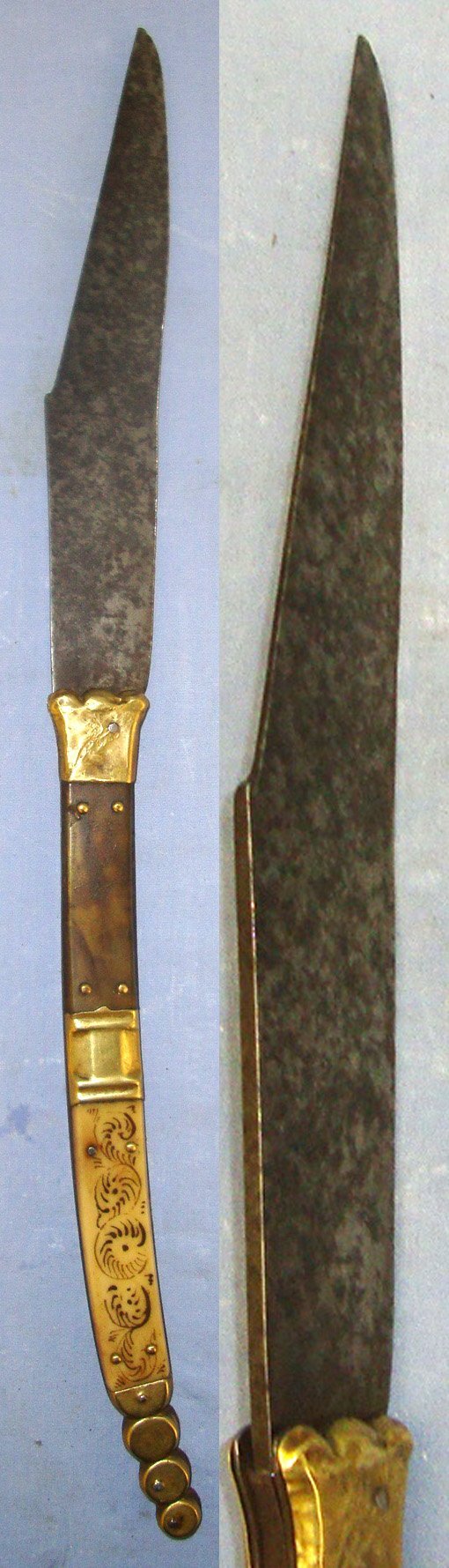  LARGE**1904-1930 French Made Beauvoir Spanish Import Navaja Folding Fighting / Utility Knife With Trade Marked Sharp Scimitar Form Blade, Decorated Polished Horn & Brass Section Scales. Sn 21966:8 Knive