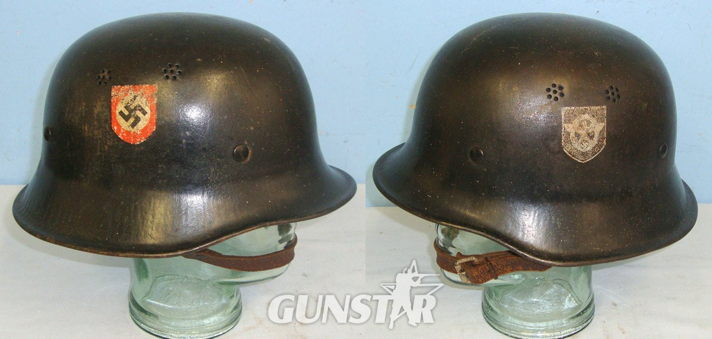 ORIGINAL**WW2 Nazi German Fire Protection Police Double Decal Combat Helmet With Original Liner & Correct Original ‘Y’ Harness Chinstrap System. Sn 22838  Clothing in 