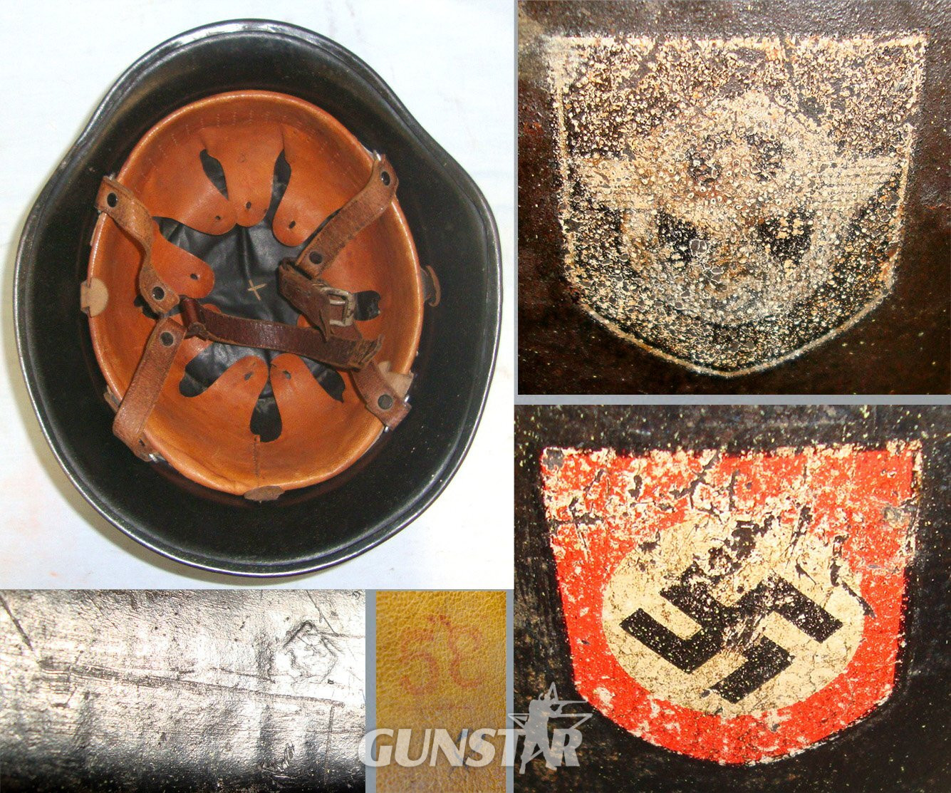 ORIGINAL**WW2 Nazi German Fire Protection Police Double Decal Combat Helmet With Original Liner & Correct Original ‘Y’ Harness Chinstrap System. Sn 22838  Clothing