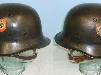 ORIGINAL**WW2 Nazi German Fire Protection Police Double Decal Combat Helmet With Original Liner & Correct Original ‘Y’ Harness Chinstrap System. Sn 22838  Clothing