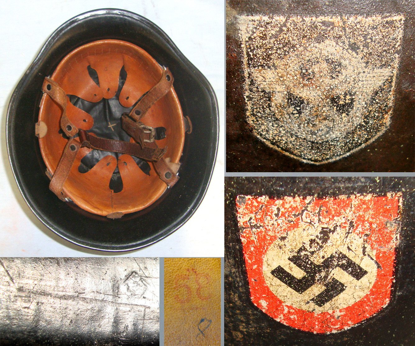 ORIGINAL**WW2 Nazi German Fire Protection Police Double Decal Combat Helmet With Original Liner & Correct Original ‘Y’ Harness Chinstrap System. Sn 22838  Clothing