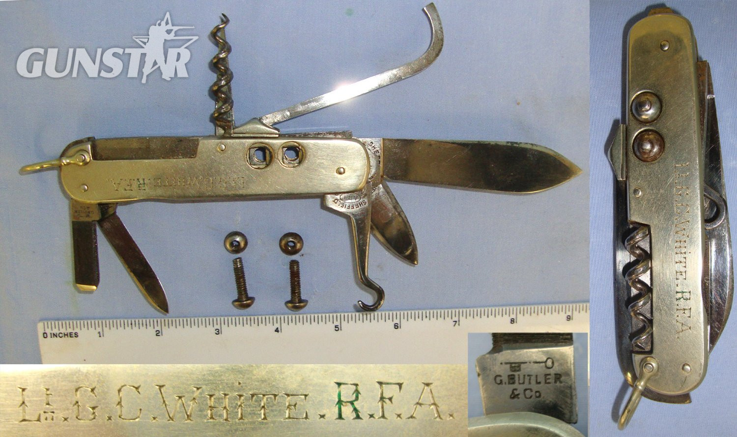 NAMED**WW1 Era British George Butler & Co Sheffield Royal Field Artillery (RFA) Officer’s / Cavalry Horseman\'s Folding Multi Tool Clasp Knife With Removable Rein Studs Engraved To ‘Lieutenant G.C. White RFA’. Sn 22903 Knive in 