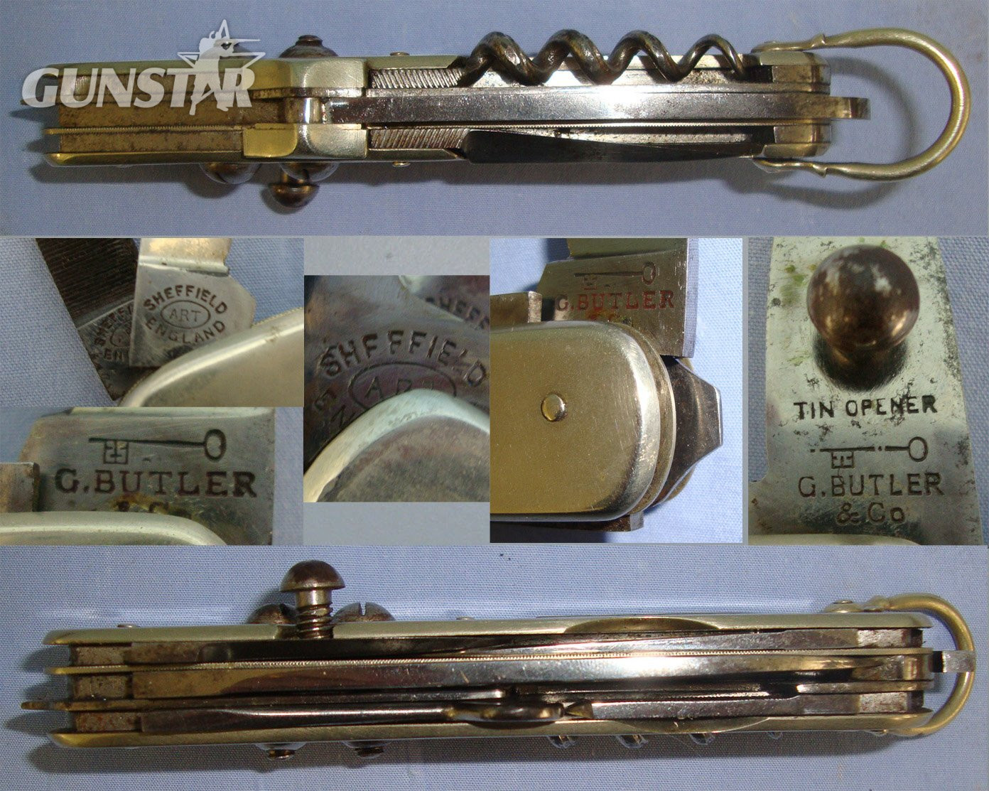 NAMED**WW1 Era British George Butler & Co Sheffield Royal Field Artillery (RFA) Officer’s / Cavalry Horseman\'s Folding Multi Tool Clasp Knife With Removable Rein Studs Engraved To ‘Lieutenant G.C. White RFA’. Sn 22903 Knive