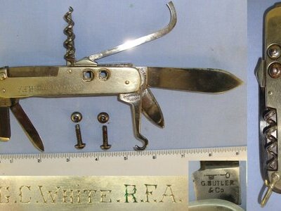NAMED**WW1 Era British George Butler & Co Sheffield Royal Field Artillery (RFA) Officer’s / Cavalry Horseman\'s Folding Multi Tool Clasp Knife With Removable Rein Studs Engraved To ‘Lieutenant G.C. White RFA’. Sn 22903 Knive