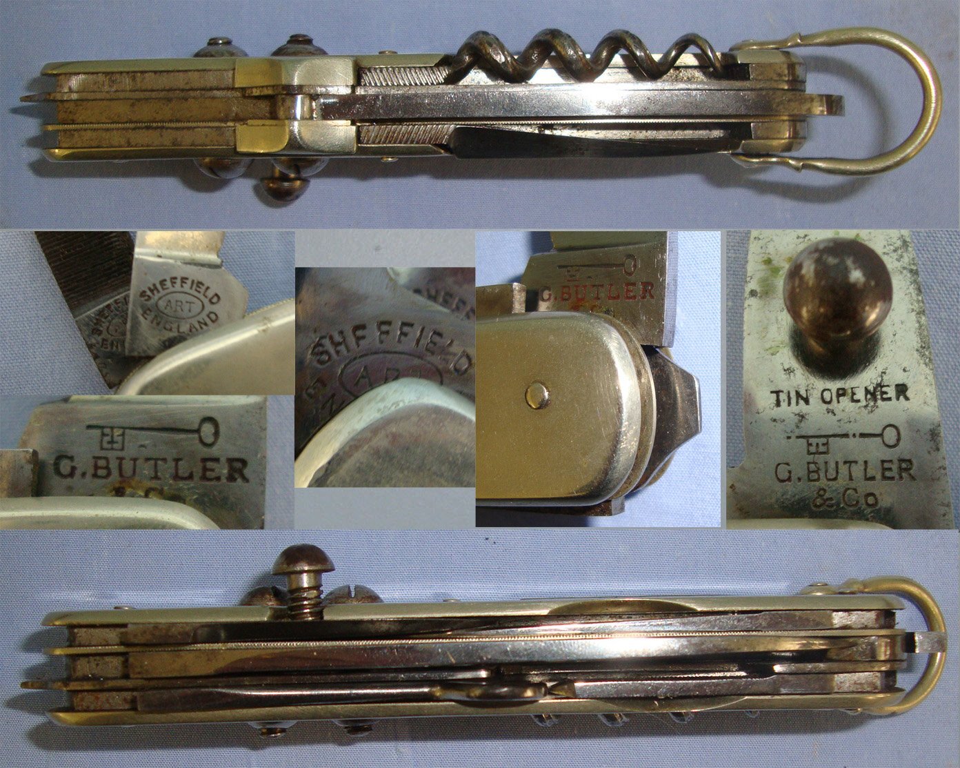 NAMED**WW1 Era British George Butler & Co Sheffield Royal Field Artillery (RFA) Officer’s / Cavalry Horseman\'s Folding Multi Tool Clasp Knife With Removable Rein Studs Engraved To ‘Lieutenant G.C. White RFA’. Sn 22903 Knive