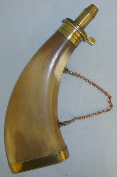Victorian French Long Gun Size Polished Flattened Cow Horn Black Powder Flask With Graduated Brass Charger & Hanging Rings Fitted With Copper Chain Other Accessory in 