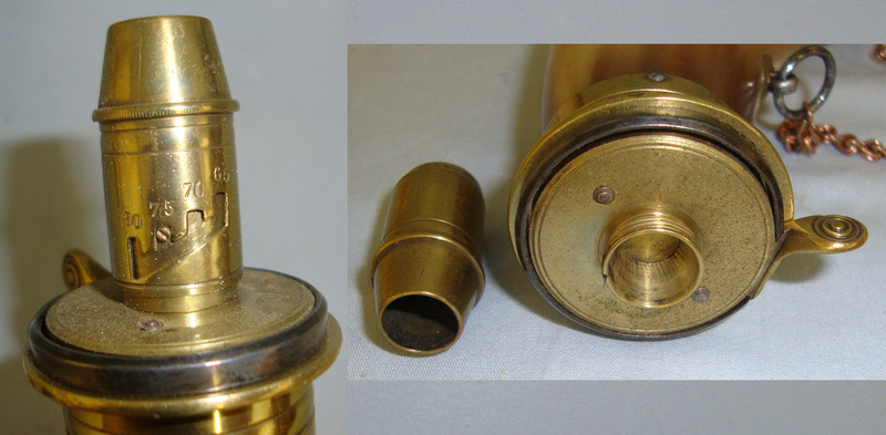 Victorian French Long Gun Size Polished Flattened Cow Horn Black Powder Flask With Graduated Brass Charger & Hanging Rings Fitted With Copper Chain Other Accessory
