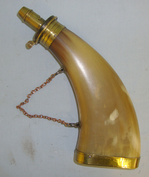  Victorian French Long Gun Size Polished Flattened Cow Horn Black Powder Flask With Graduated Brass Charger & Hanging Rings Fitted With Copper Chain Other Accessory