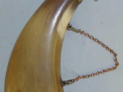 Victorian French Long Gun Size Polished Flattened Cow Horn Black Powder Flask With Graduated Brass Charger & Hanging Rings Fitted With Copper Chain Other Accessory