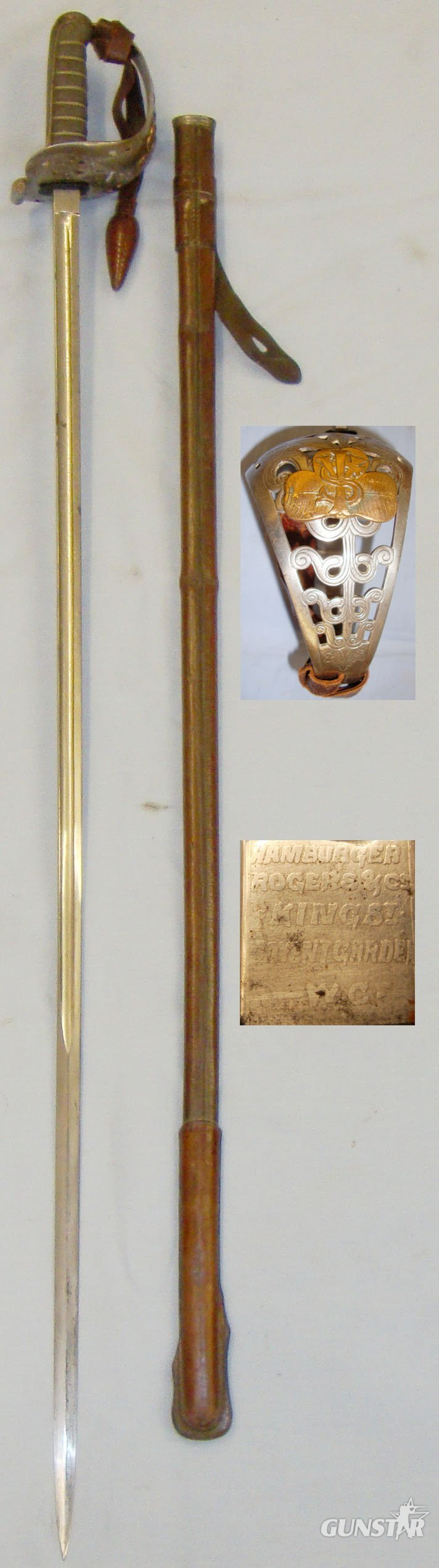 Victorian, South Irish Yeomanry Officer's 'Walking Out' Heavy Cavalry Levee Sword by Hamburger Rogers & Co, London with Royal Cypher Etched Blade, Leather Knot & Scabbard. Sn 8295 Sword in 