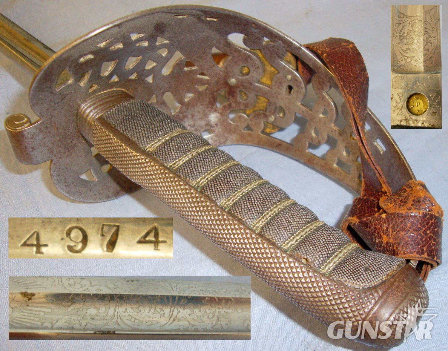 Victorian, South Irish Yeomanry Officer's 'Walking Out' Heavy Cavalry Levee Sword by Hamburger Rogers & Co, London with Royal Cypher Etched Blade, Leather Knot & Scabbard. Sn 8295 Sword