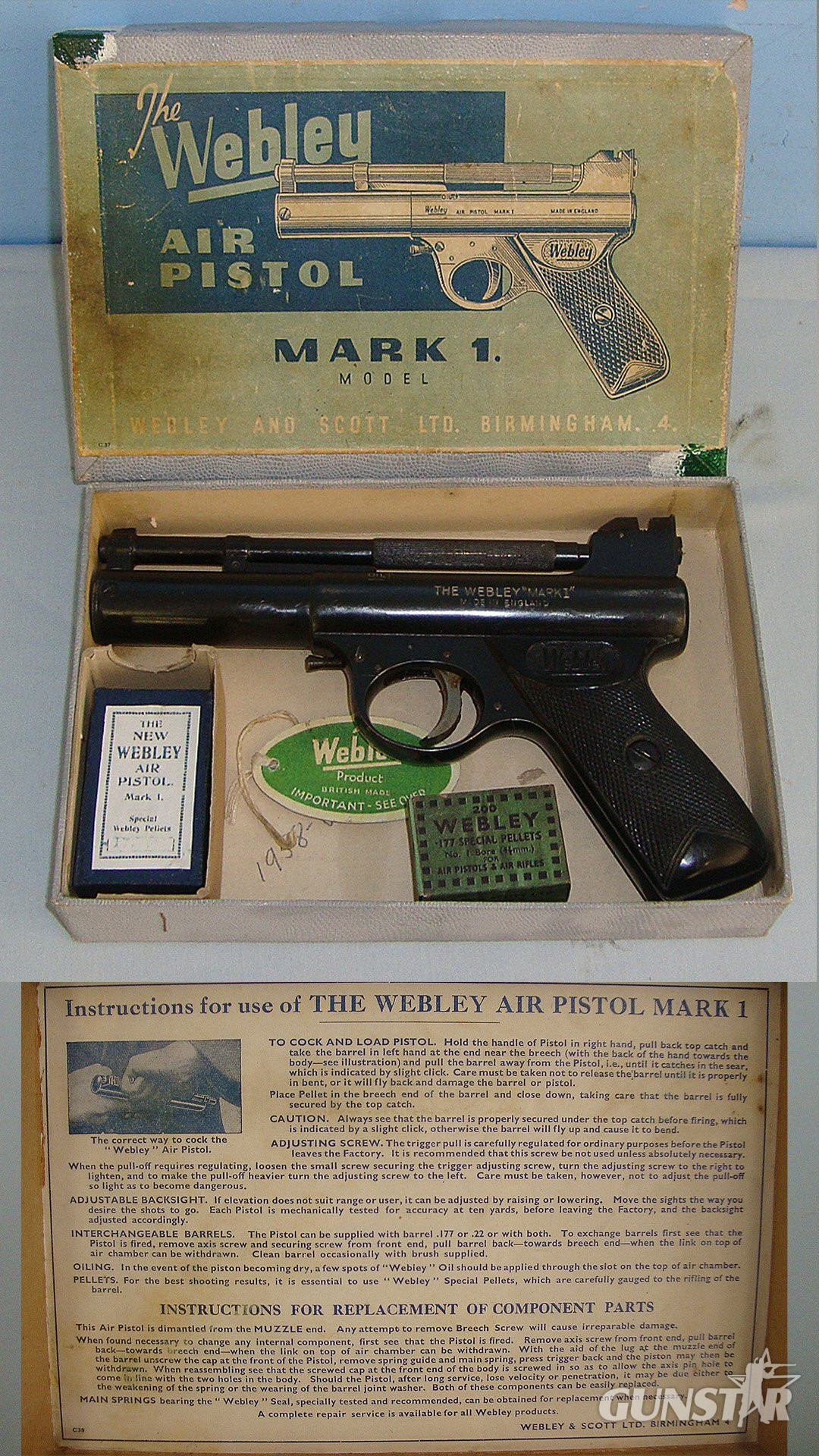  Boxed, Pre 1958 Webley Mark 1 .177 Calibre Air Pistol. AI 594 air pistol .177