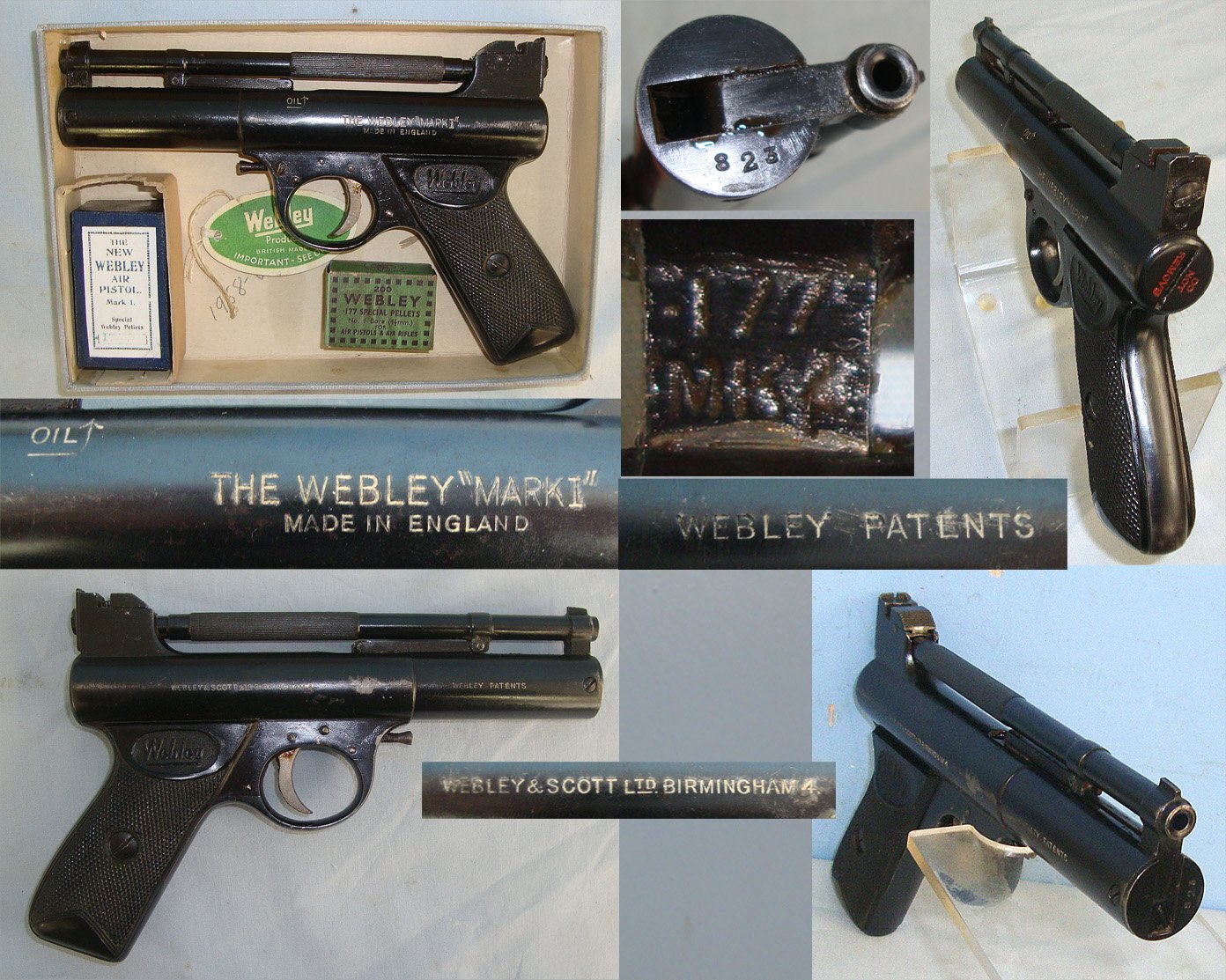 Boxed, Pre 1958 Webley Mark 1 .177 Calibre Air Pistol. AI 594 air pistol .177