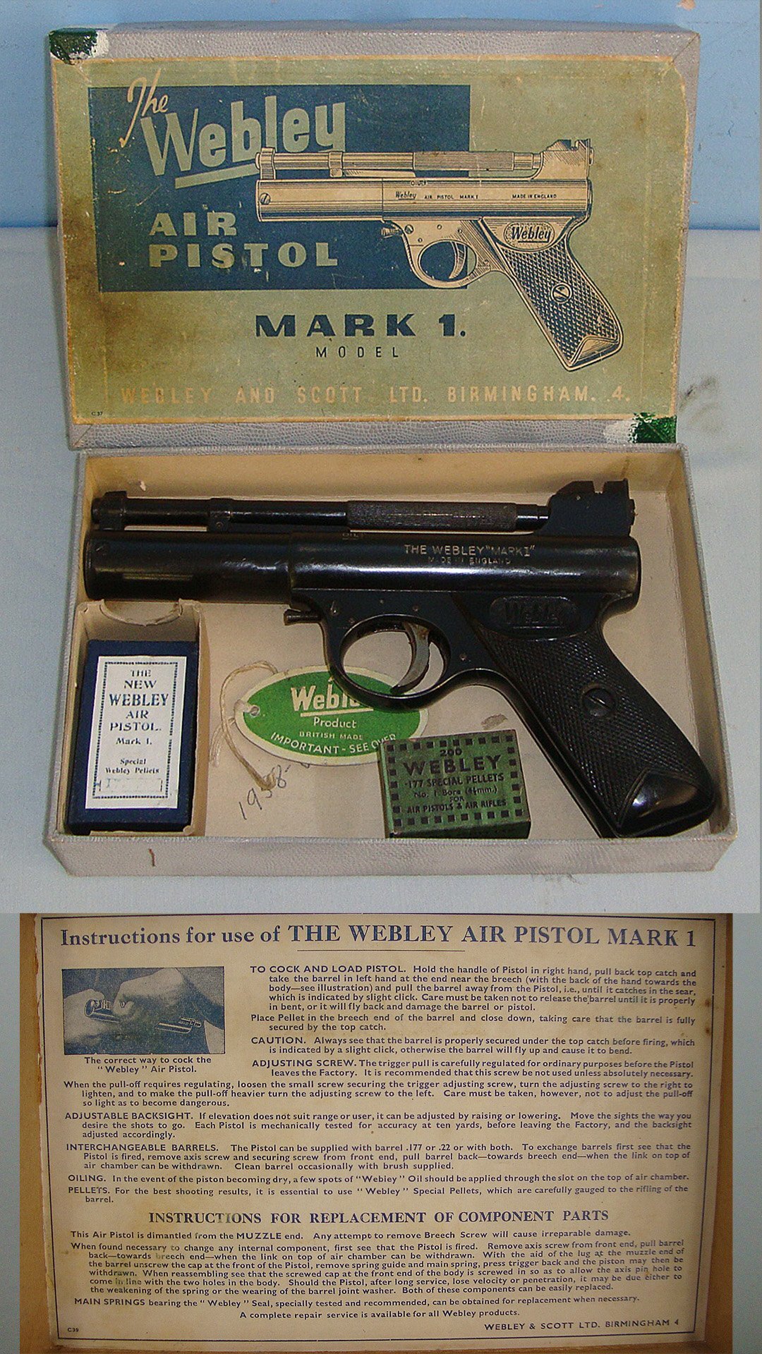 Boxed, Pre 1958 Webley Mark 1 .177 Calibre Air Pistol. AI 594 air pistol .177