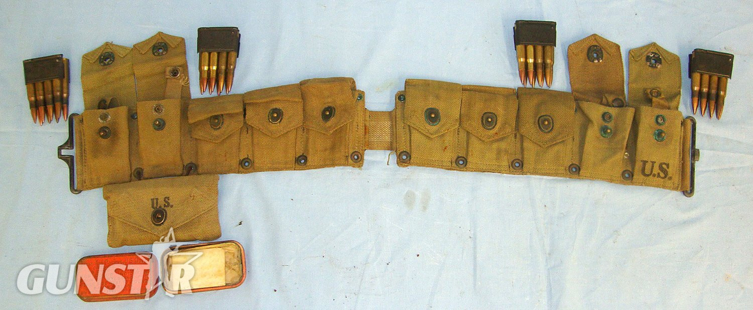 WW2 1942 U.S. Army Model 1923 M1 Garand .30 Calibre, Semi Automatic Rifle Ammunition Belt For 10 Garand Rifle Ammunition Clips By Hinson Mfg Co Containing 4 Original Ammunition Clips & Inert Deactivated Rounds  and 1942 Pouch With Fist Aid Tin. sn 23334:1 Care & Storage in 