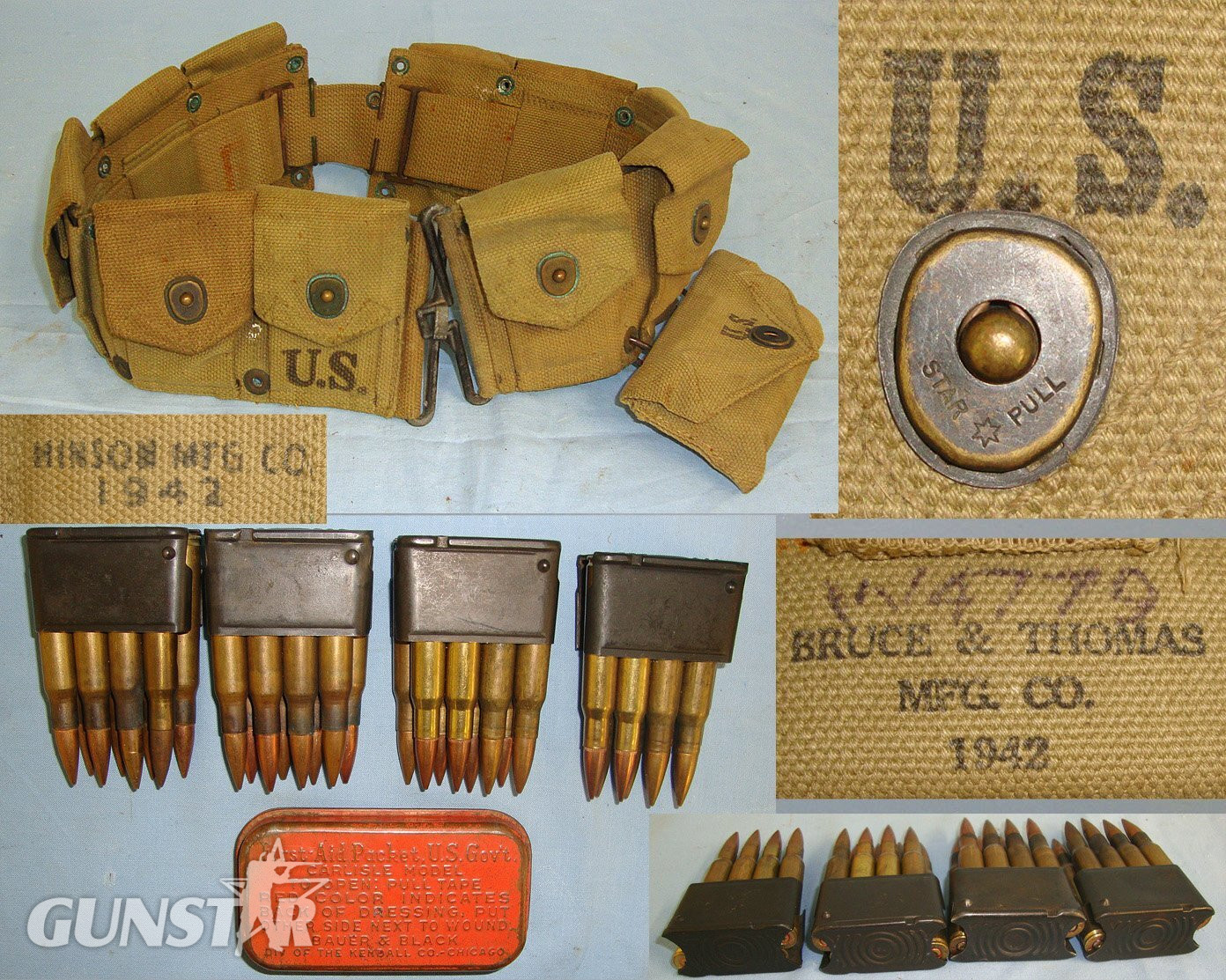 WW2 1942 U.S. Army Model 1923 M1 Garand .30 Calibre, Semi Automatic Rifle Ammunition Belt For 10 Garand Rifle Ammunition Clips By Hinson Mfg Co Containing 4 Original Ammunition Clips & Inert Deactivated Rounds  and 1942 Pouch With Fist Aid Tin. sn 23334:1 Care & Storage