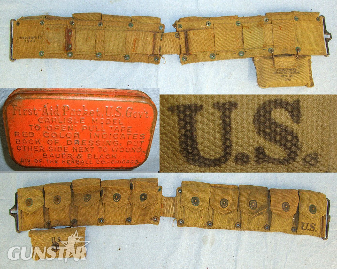  WW2 1942 U.S. Army Model 1923 M1 Garand .30 Calibre, Semi Automatic Rifle Ammunition Belt For 10 Garand Rifle Ammunition Clips By Hinson Mfg Co Containing 4 Original Ammunition Clips & Inert Deactivated Rounds  and 1942 Pouch With Fist Aid Tin. sn 23334:1 Care & Storage