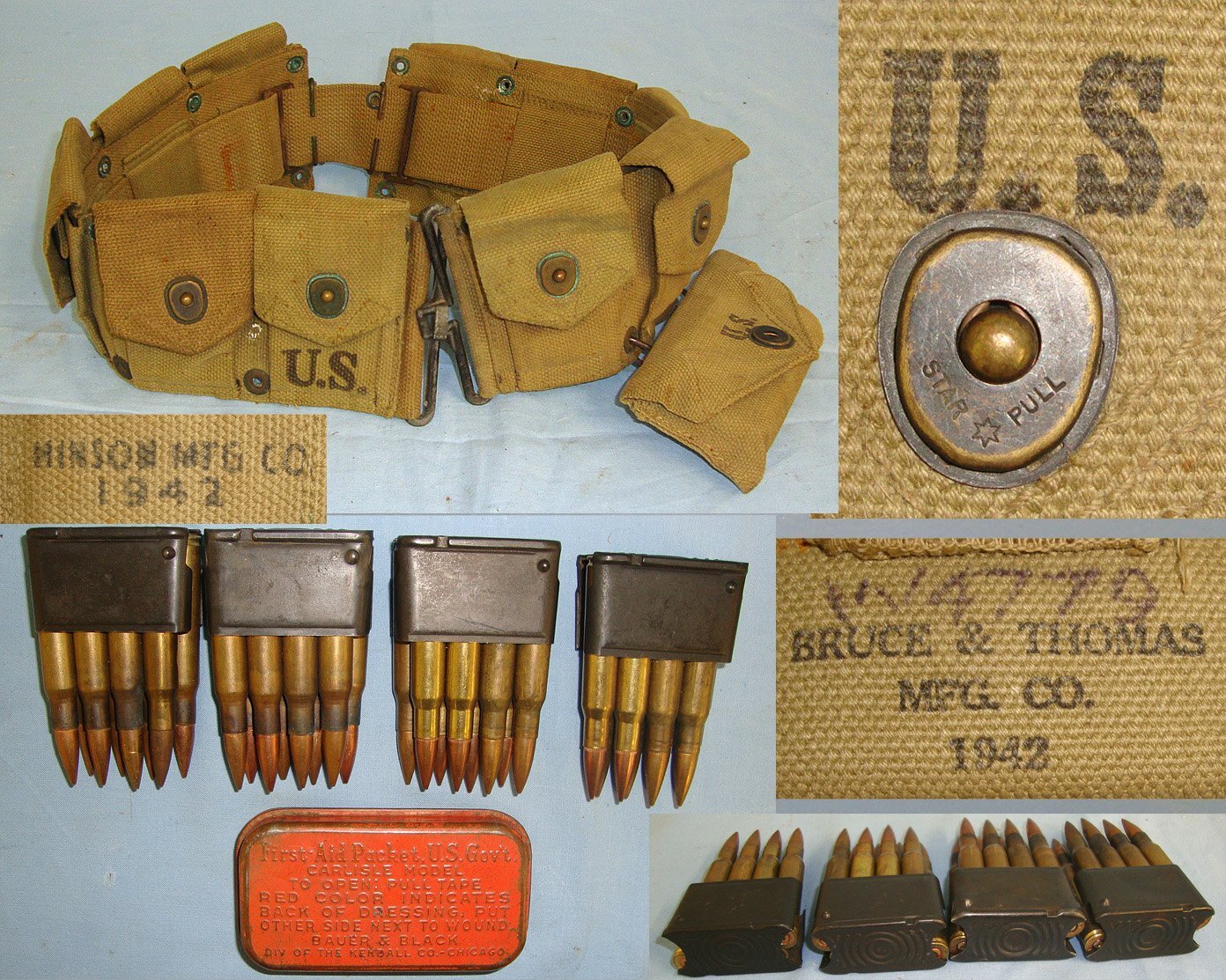 WW2 1942 U.S. Army Model 1923 M1 Garand .30 Calibre, Semi Automatic Rifle Ammunition Belt For 10 Garand Rifle Ammunition Clips By Hinson Mfg Co Containing 4 Original Ammunition Clips & Inert Deactivated Rounds  and 1942 Pouch With Fist Aid Tin. sn 23334:1 Care & Storage