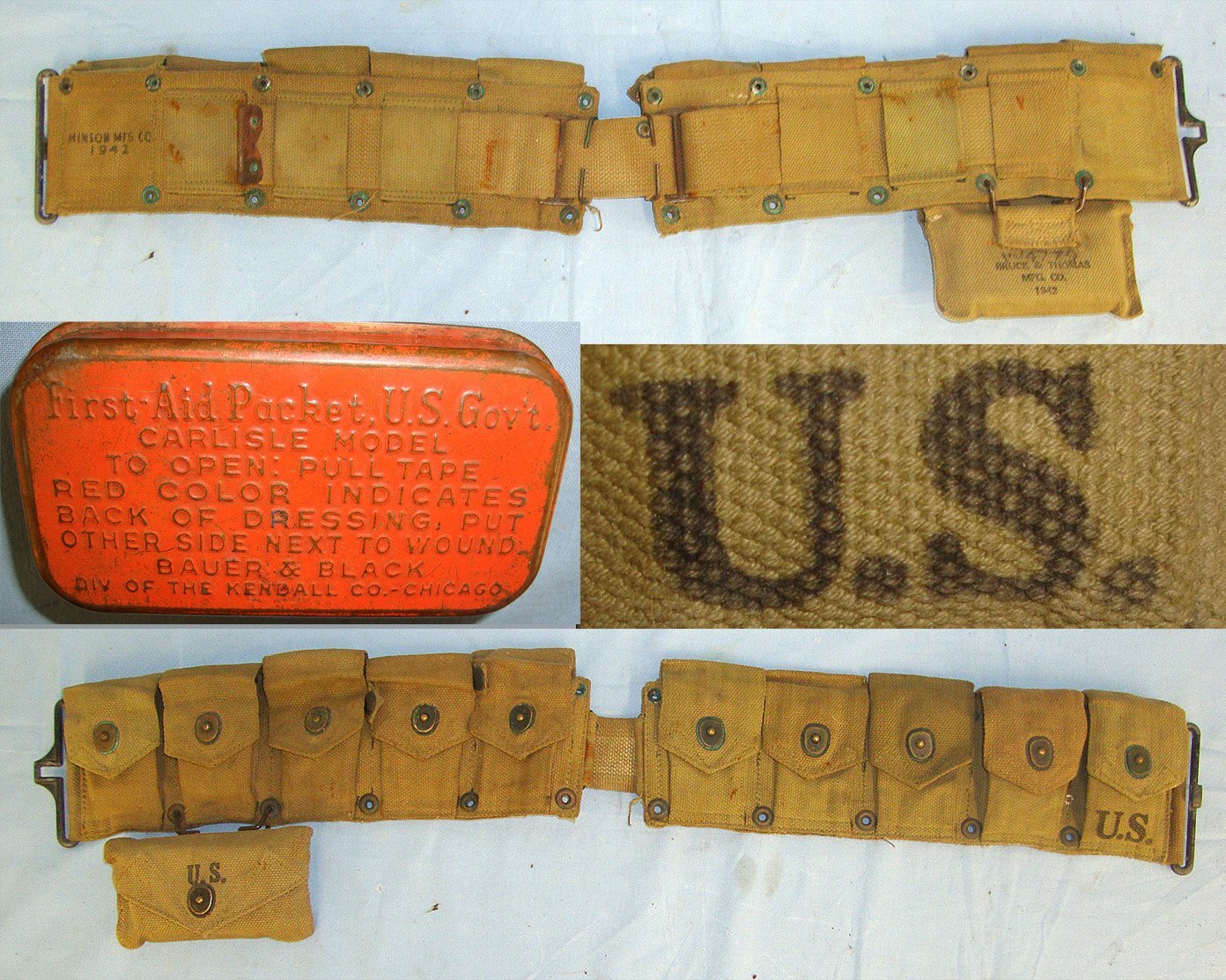  WW2 1942 U.S. Army Model 1923 M1 Garand .30 Calibre, Semi Automatic Rifle Ammunition Belt For 10 Garand Rifle Ammunition Clips By Hinson Mfg Co Containing 4 Original Ammunition Clips & Inert Deactivated Rounds  and 1942 Pouch With Fist Aid Tin. sn 23334:1 Care & Storage
