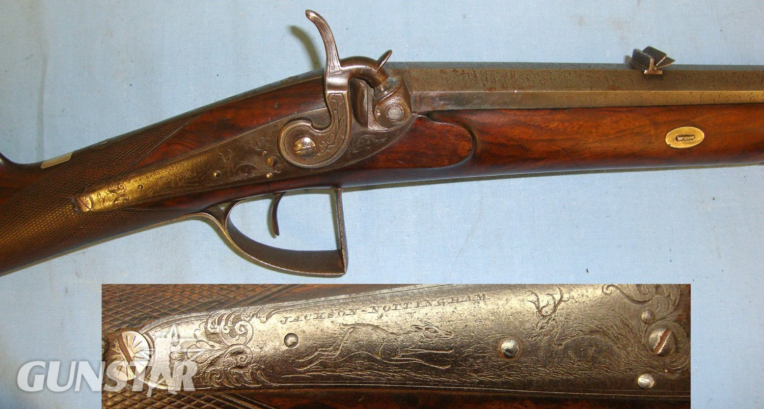 Victorian English Jackson Nottingham 18 Bore, Belted Ball, Percussion Deer Hunting / Sporting Rifle With Octagonal Barrel, Removable Brass Muzzle Stopper & Period Leather Sling. Sn 15815 percussion rifle Muzzleloader None Rifle