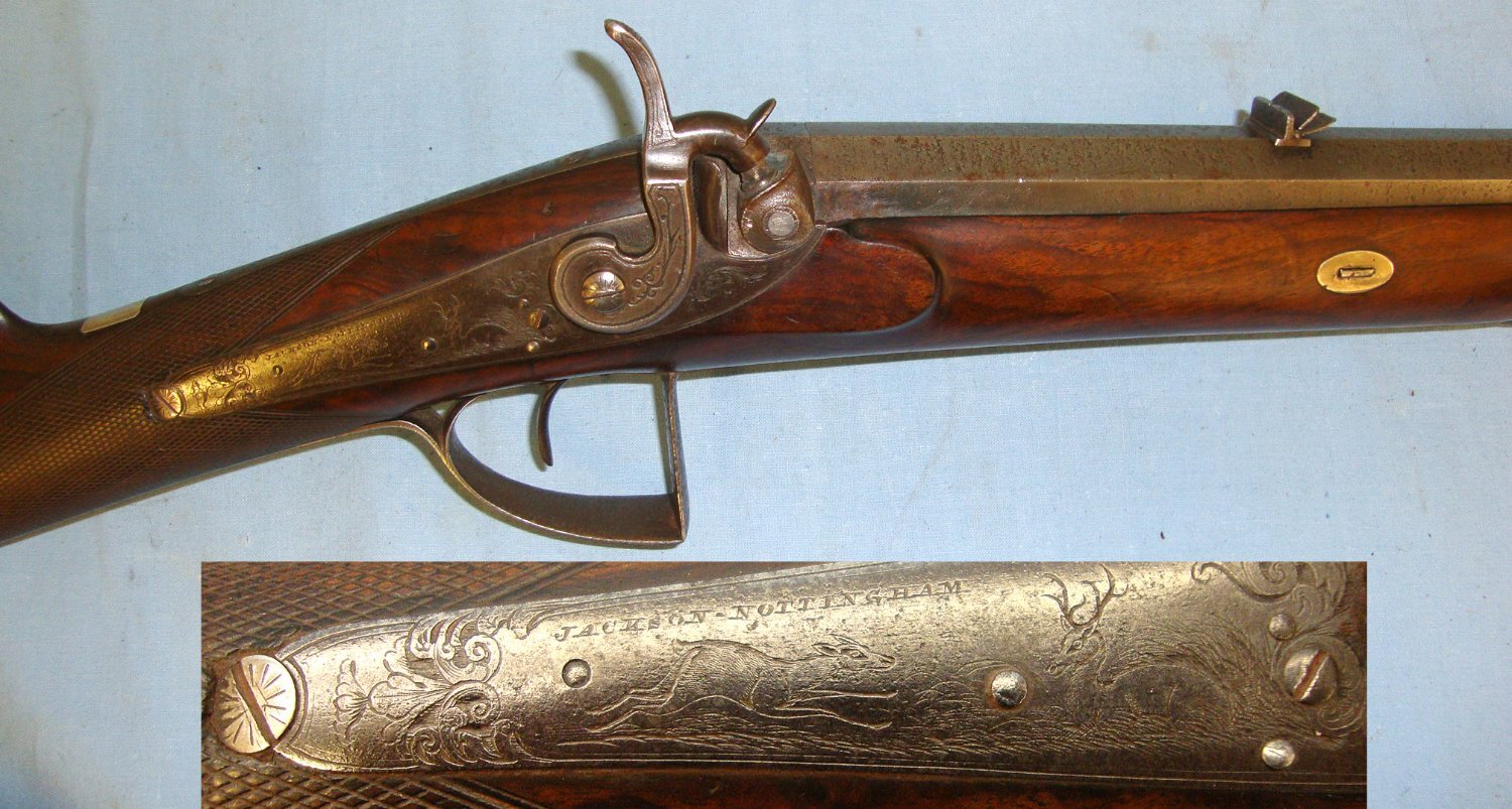 Victorian English Jackson Nottingham 18 Bore, Belted Ball, Percussion Deer Hunting / Sporting Rifle With Octagonal Barrel, Removable Brass Muzzle Stopper & Period Leather Sling. Sn 15815 percussion rifle Muzzleloader None Rifle