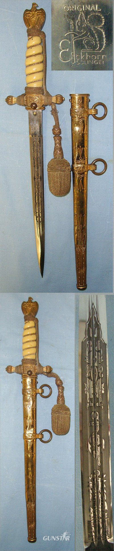 WW2 Era Nazi German Eickhorn Solingen Kriegsmarine Officer’s Dagger With Etched & Blued Blade, Scabbard & Original Officer’s Bullion Cord & Portepee. Sn 23358 Dagger in 