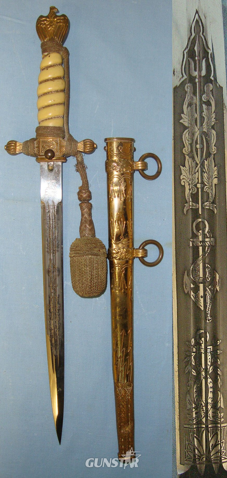  WW2 Era Nazi German Eickhorn Solingen Kriegsmarine Officer’s Dagger With Etched & Blued Blade, Scabbard & Original Officer’s Bullion Cord & Portepee. Sn 23358 Dagger