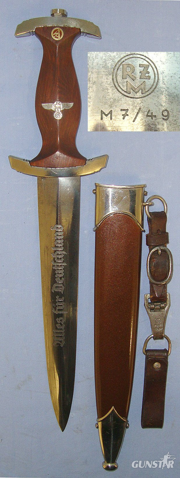 WW2 Production Nazi German 1933 Pattern SA Dagger By RZM M7/49 (F.A. Herder & Sohn Solingen (Rarity Value 4) With Scabbard, Leather Hanger Stamped ‘RZM M5/71 & OLC Cartouche Clip (Overhoff & Cie Lüdenscheid). Sn 23174:32 Dagger in 