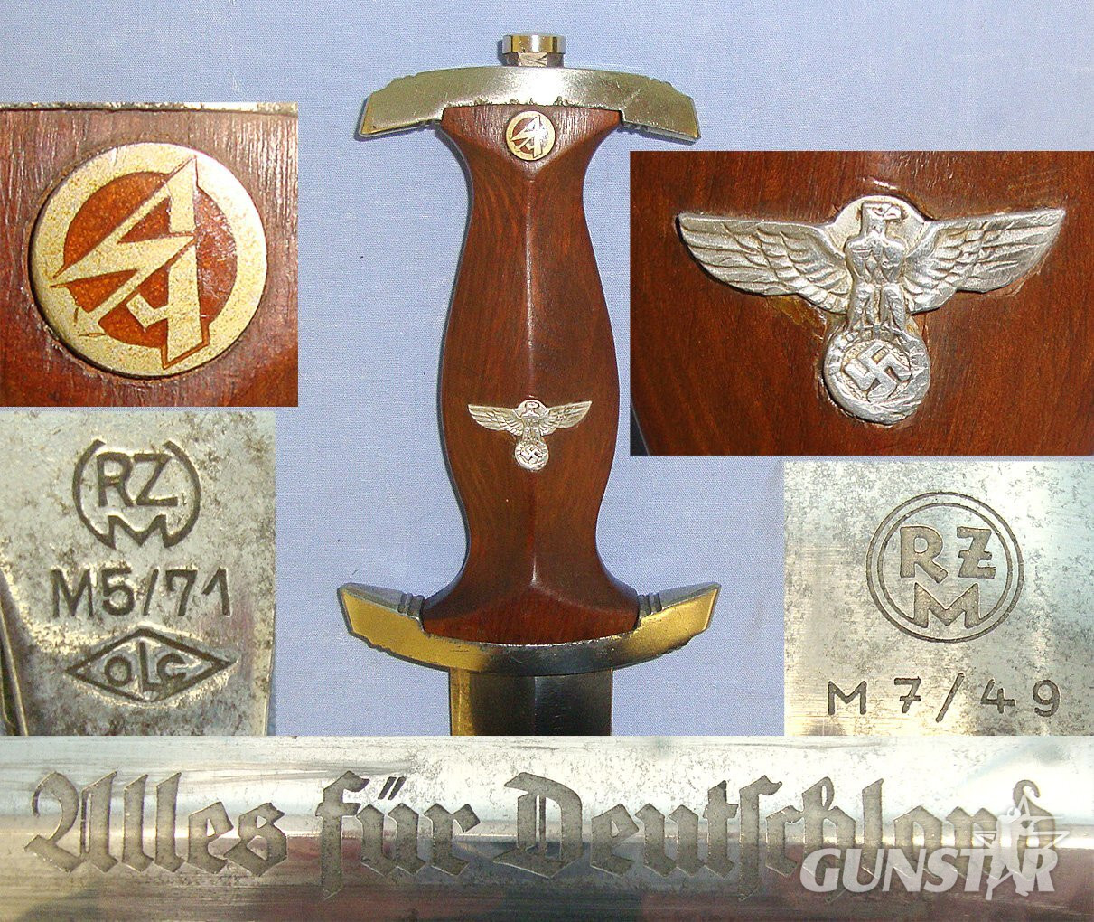 WW2 Production Nazi German 1933 Pattern SA Dagger By RZM M7/49 (F.A. Herder & Sohn Solingen (Rarity Value 4) With Scabbard, Leather Hanger Stamped ‘RZM M5/71 & OLC Cartouche Clip (Overhoff & Cie Lüdenscheid). Sn 23174:32 Dagger