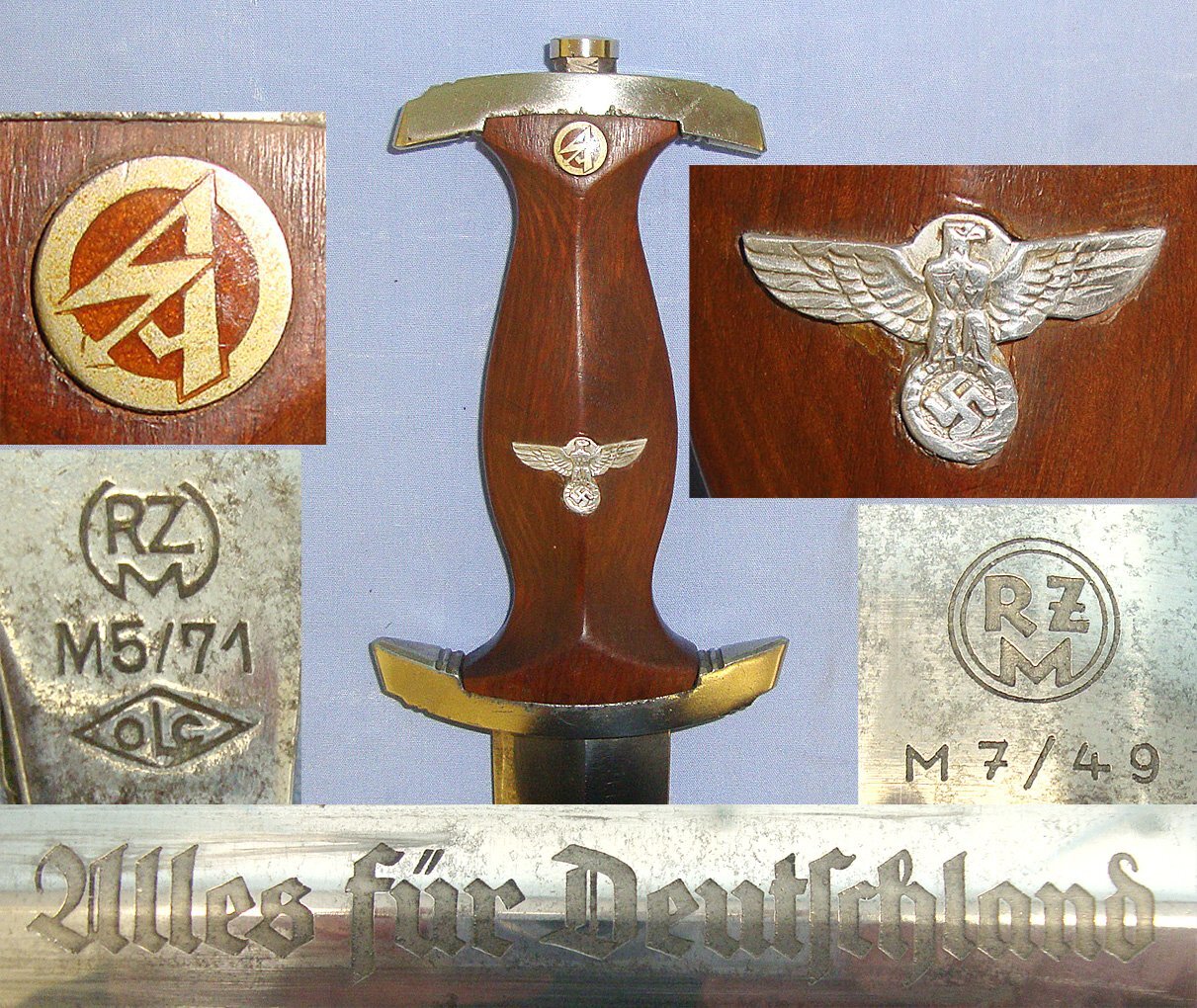 WW2 Production Nazi German 1933 Pattern SA Dagger By RZM M7/49 (F.A. Herder & Sohn Solingen (Rarity Value 4) With Scabbard, Leather Hanger Stamped ‘RZM M5/71 & OLC Cartouche Clip (Overhoff & Cie Lüdenscheid). Sn 23174:32 Dagger